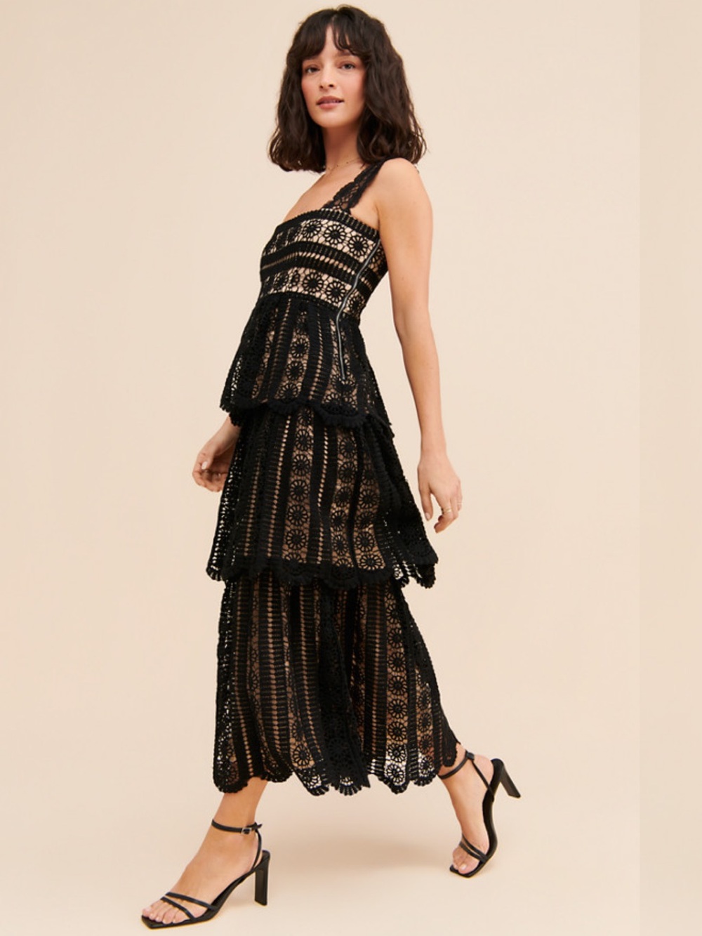 SAYLOR Krystyna Lace Black Tiered Crochet Maxi Dress Large